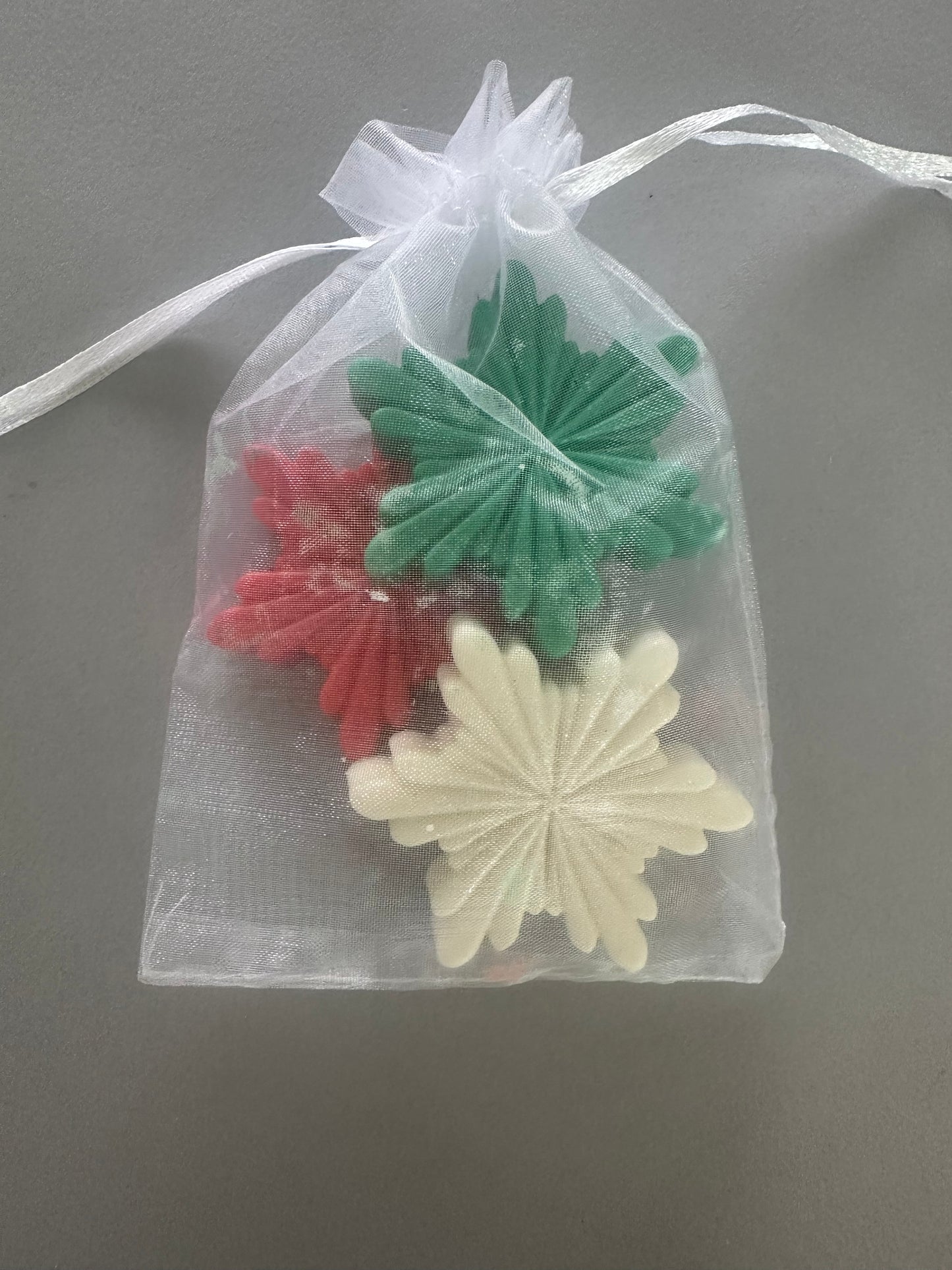 Holiday Snowflake Soaps Gift Set, Red White Green Festive Stars, 3 Pieces with Bag